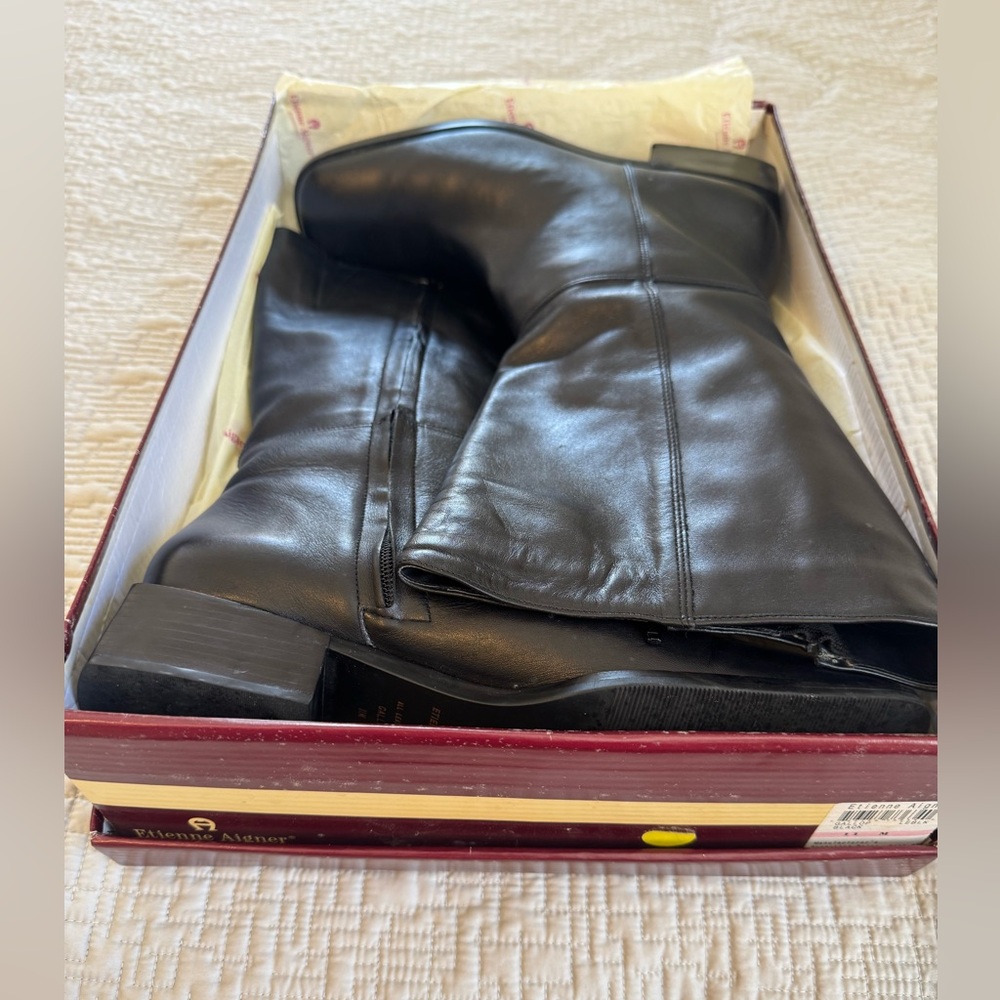 Etienne Aigner Black Leather Wide-Calf Boots, Square Toe